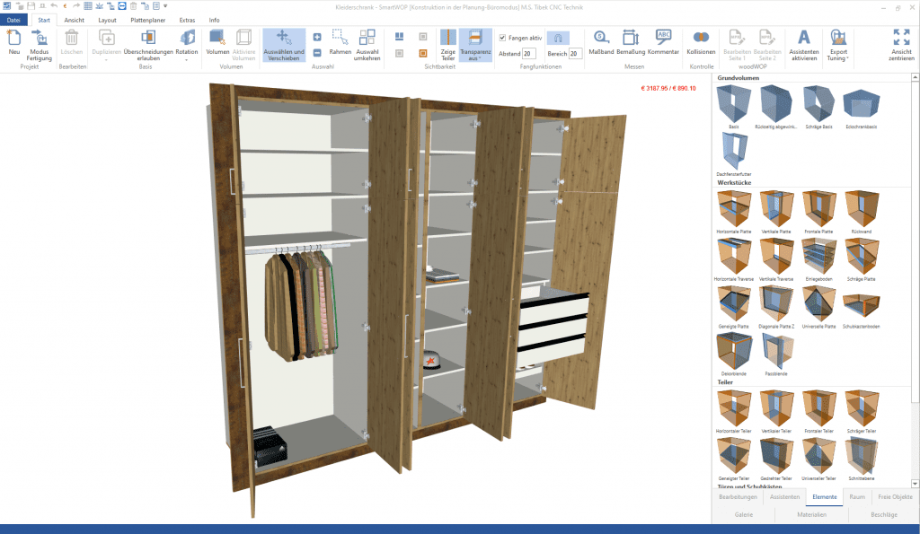 Kleiderschrank in der 3D-Ansicht im SmartWOP-Interface